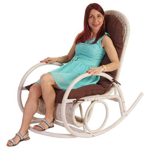 Fauteuil à Bascule Jody En Rotin Blanc Rembourrage Marron