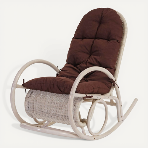 Fauteuil à Bascule Jody En Rotin Blanc Rembourrage Marron