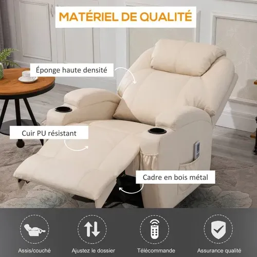 Fauteuil De Relaxation éléctrique Massant Inclinable Charlotte Crème