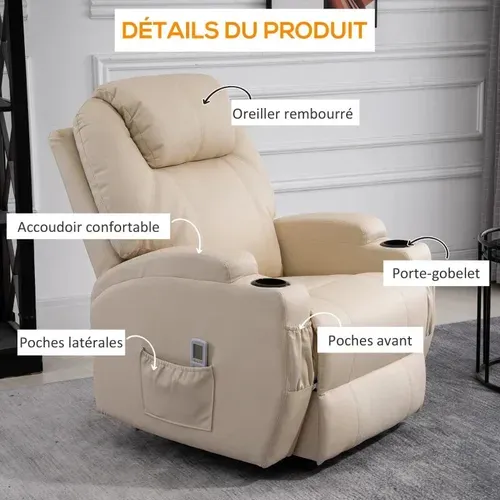 Fauteuil De Relaxation éléctrique Massant Inclinable Charlotte Crème