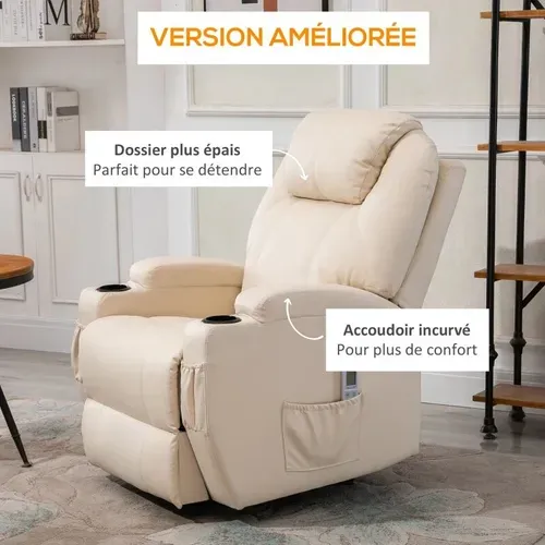 Fauteuil De Relaxation éléctrique Massant Inclinable Charlotte Crème
