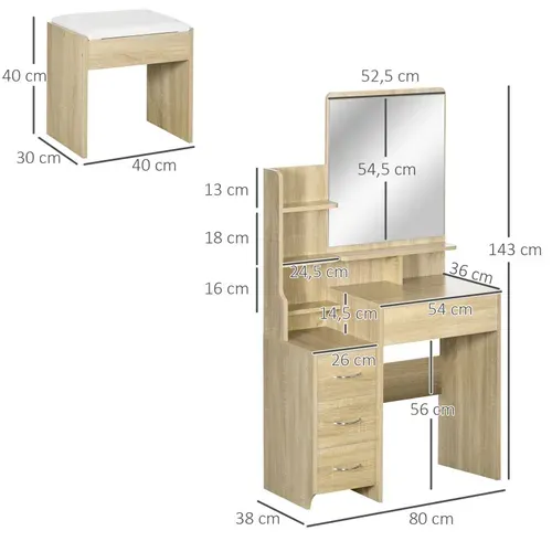 Coiffeuse Tabouret Miroir Suzy Chêne Clair