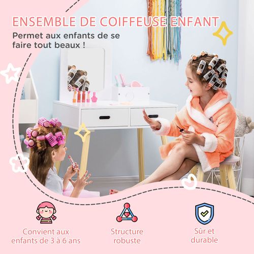 Coiffeuse Scandinave Enfant Avec Tabouret Samantha Pin Blanc
