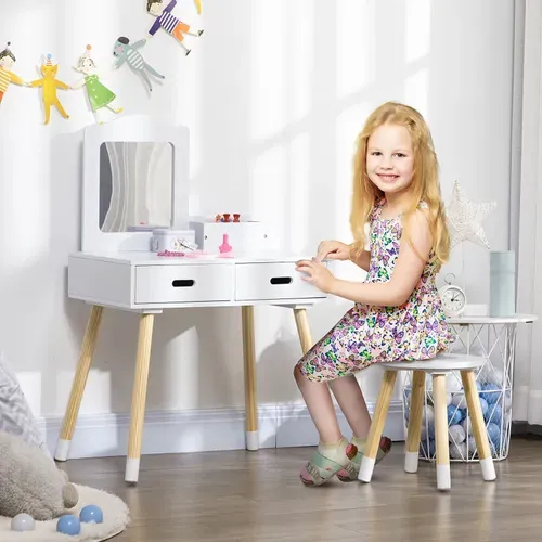 Coiffeuse Scandinave Enfant Avec Tabouret Samantha Pin Blanc