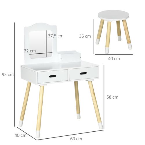 Coiffeuse Scandinave Enfant Avec Tabouret Samantha Pin Blanc