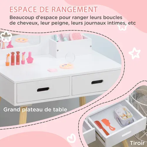 Coiffeuse Scandinave Enfant Avec Tabouret Samantha Pin Blanc