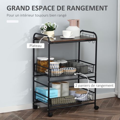 Chariot De Cuisine Desserte Chester Noir Et Aspect Bois