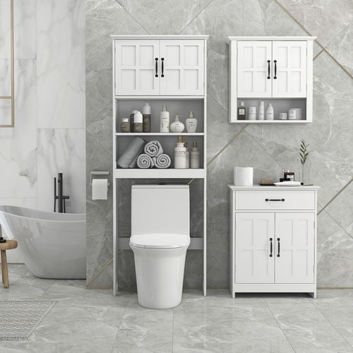 Meuble Wc Dessus De Toilette Style Classique Chic 2 Portes 2 étagères Blanc