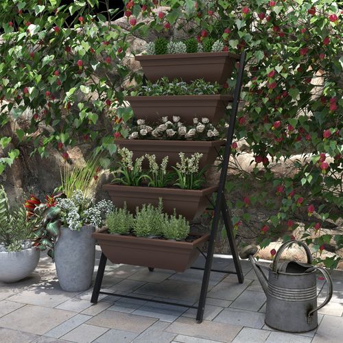 Jardinière Sur Pied 5 Bacs Amovibles Acier Noir Pp Marron