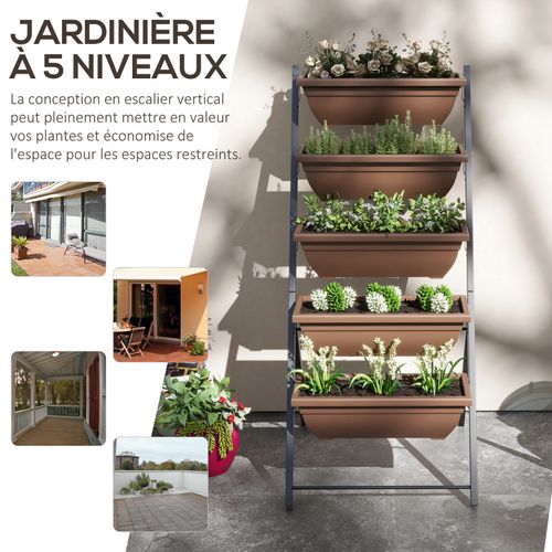 Jardinière Sur Pied 5 Bacs Amovibles Acier Noir Pp Marron