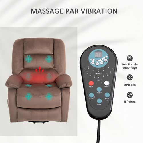 Fauteuil Releveur Massant Chauffant Inclinable Effet Velours Marron