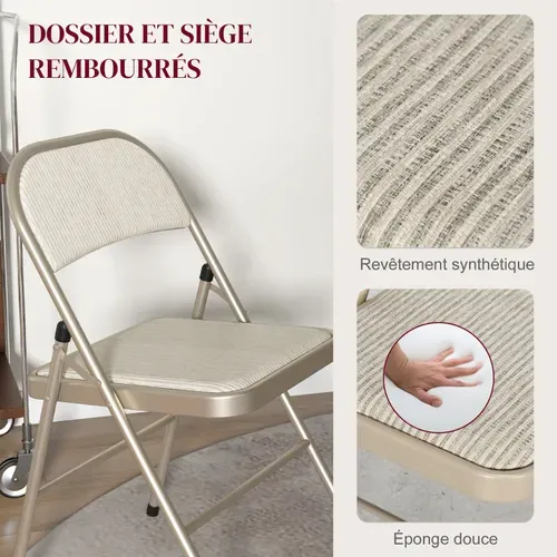 Lot De 6 Chaises Pliantes Assise Dossier Rembourrés Acier Tissu Beige
