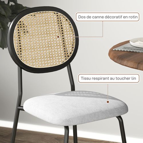 Lot De 2 Chaises Style Vintage Acier Noir Dossier Ovale Aspect Rotin Assise Tissu Gris