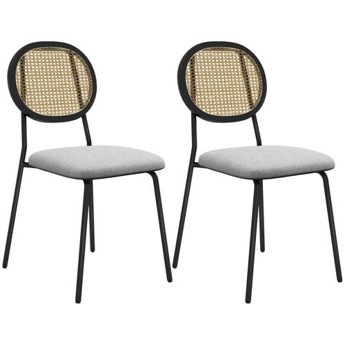 Lot De 2 Chaises Style Vintage Acier Noir Dossier Ovale Aspect Rotin Assise Tissu Gris