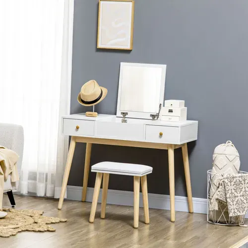 Coiffeuse Avec Miroir Et Tabouret Indira Blanche Et Bois
