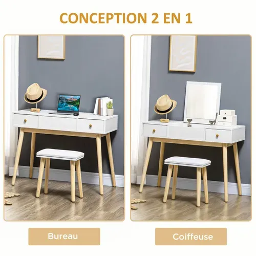 Coiffeuse Avec Miroir Et Tabouret Indira Blanche Et Bois