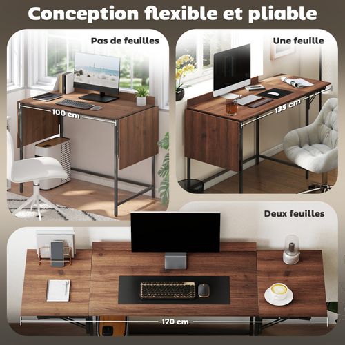 Bureau 2 Rallonges Pliables Velia Aspect Noyer Et Noir