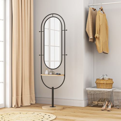 Miroir étagère Design H.175 Cm Métal Lucien Noir Et Bois