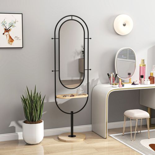 Miroir étagère Design H.175 Cm Métal Lucien Noir Et Bois