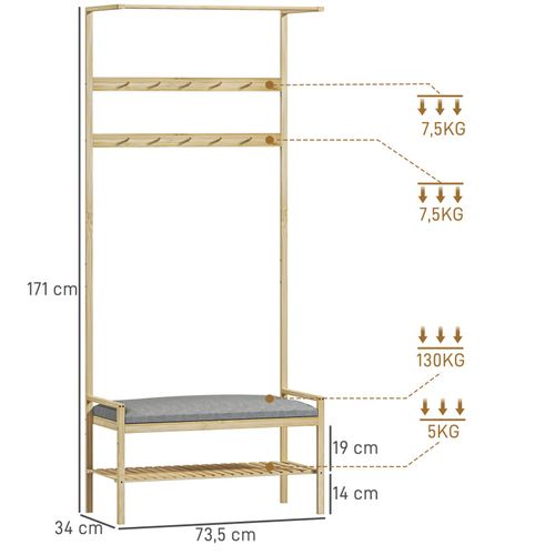 Vestiaire D'entrée Banc à Chaussures Coussin Rolf Bambou Naturel