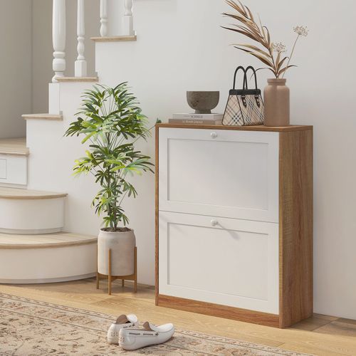 Meuble à Chaussures 2 Portes Abattantes Birma Blanc Et Chêne