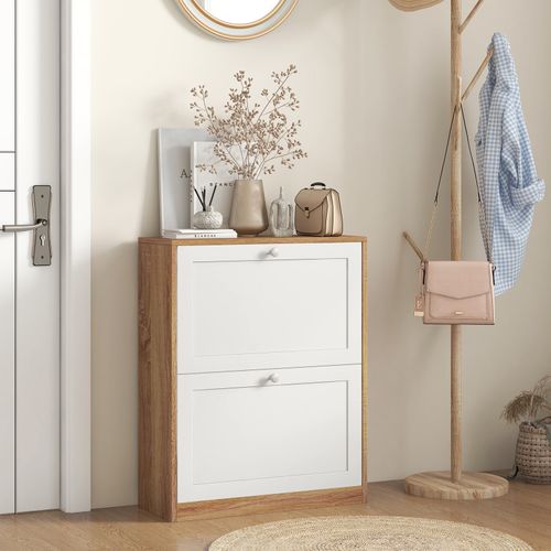 Meuble à Chaussures 2 Portes Abattantes Birma Blanc Et Chêne