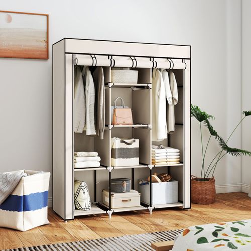Armoire Penderie Lunaris Rangement élégant Moderne Beige 8 étagères 2 Barres Dressing Chambre