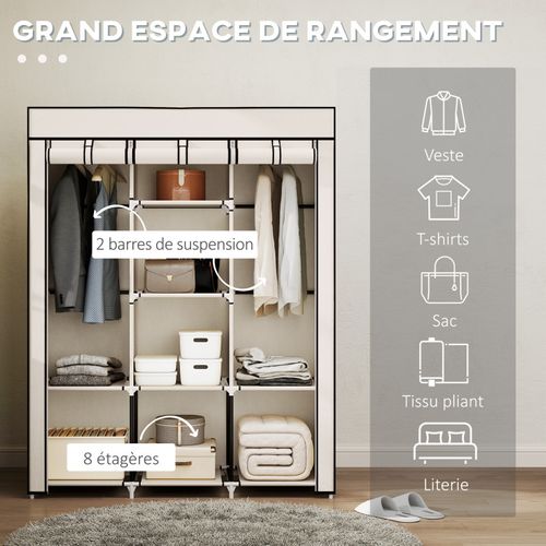Armoire Penderie Lunaris Rangement élégant Moderne Beige 8 étagères 2 Barres Dressing Chambre