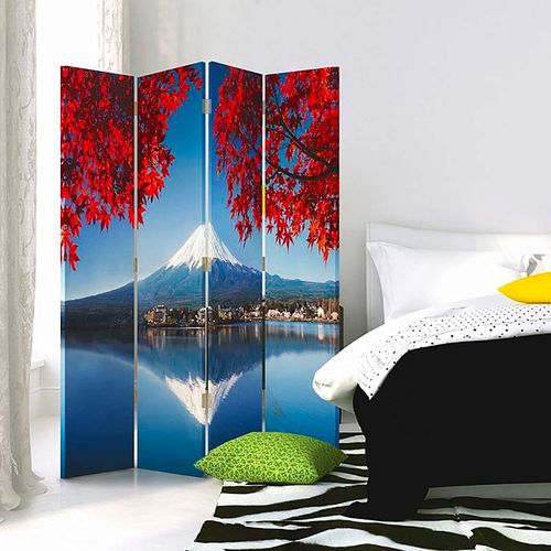 Paravent Mont Fuji 4 Panneaux Design élégant Et Zen 145 X 150 Cm - 2 Faces R° V° Bleu