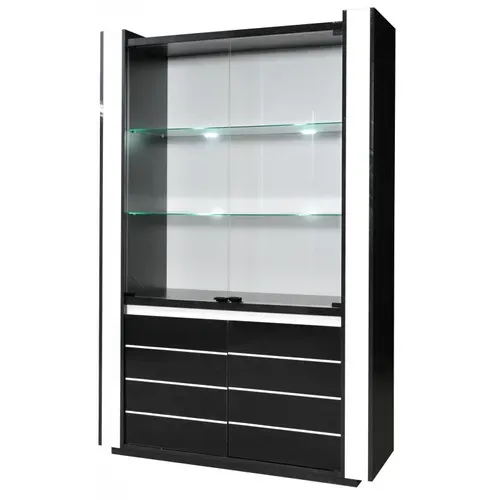 Vitrine Argentier Vaisselier Lina Noir Et Blanc Avec LED – 4 Portes Battantes