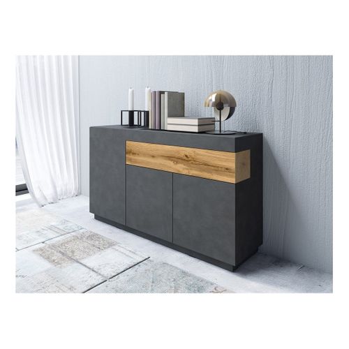 Buffet, Bahut, Enfilade Kiles Trois Portes Et Un Tiroir. Coloris Gris Anthracite Et Chêne. Style De