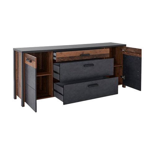 Buffet Windsor Gris Anthracite Et Chêne Foncé - 3 Tiroirs Et 2 Portes - 196.8 X 80.6 X 44 Cm