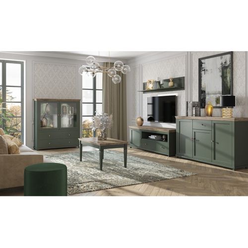 Ensemble De 5 Meubles Pour Votre Salon Coloris Vert Et Chêne. Collection Assia