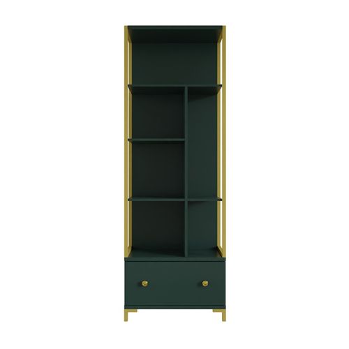 Bibliothèque Collection Douglas Couleur Verte Avec Nombreux Rangements Et Finitions Dorées, 70 X 20