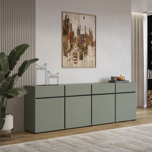 Buffet XL Coloris Vert Sauge 225cm Collection Havana. Bahut  Design Avec 4 Portes Et 4 Tiroirs.