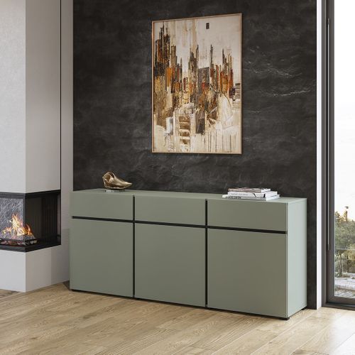 Buffet Coloris Vert Sauge 180cm Collection Havana. Bahut  Design Avec 3 Portes Et 3 Tiroirs.