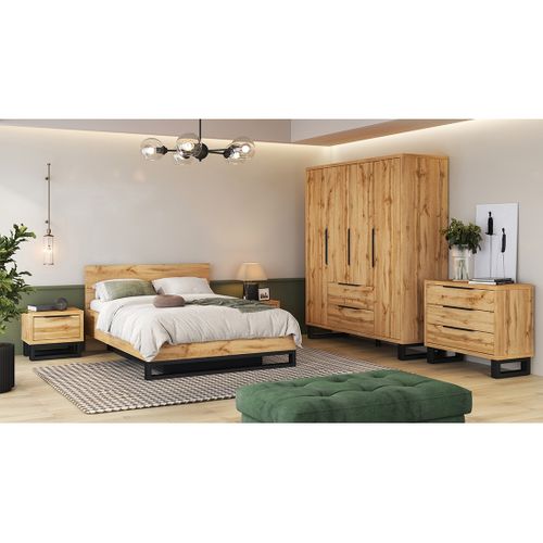 Chambre Compléte Style Industriel Collection Milos : Armoire, Lit Coffre 140x200, Commode, Chevets,
