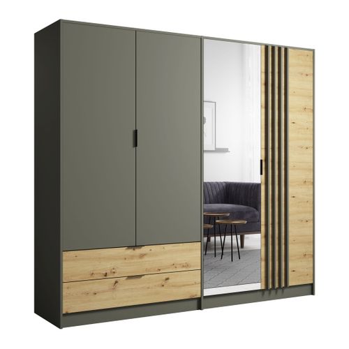 Chambre Compléte Design Izo : Armoire, Lit 180x200, Commode, Chevets, Chêne/gris Anthracite