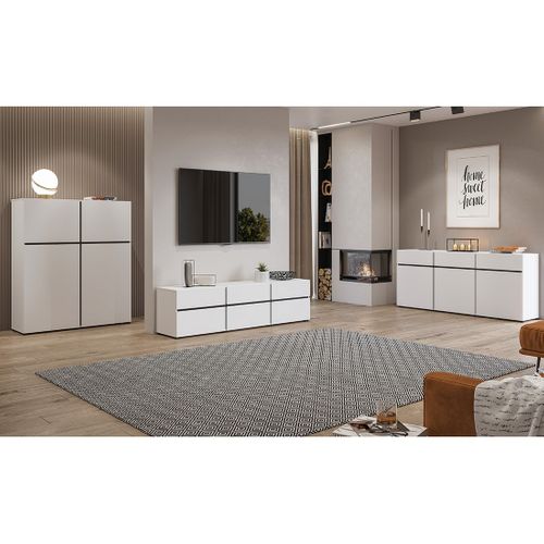 Buffet Coloris Blanc Et Noir 180cm Collection Havana. Bahut  Design Avec 3 Portes Et 3 Tiroirs.