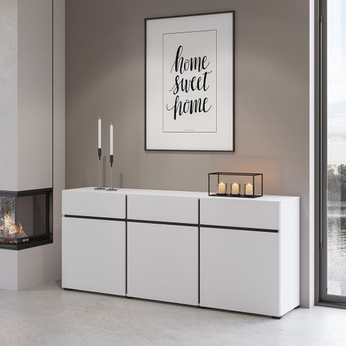 Buffet Coloris Blanc Et Noir 180cm Collection Havana. Bahut  Design Avec 3 Portes Et 3 Tiroirs.