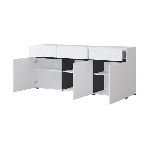 Buffet Coloris Blanc Et Noir 180cm Collection Havana. Bahut  Design Avec 3 Portes Et 3 Tiroirs.