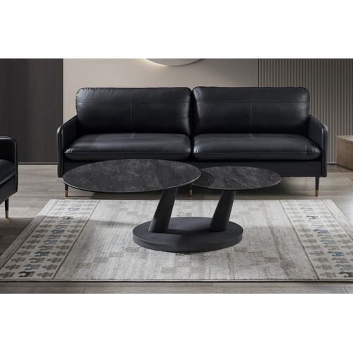 Table Basse Virello – Table Basse Ronde Ø80 Cm – Pierre Naturelle Gris Foncé et Métal – Design Conte