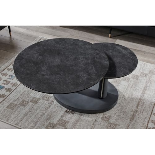 Table Basse Virello – Table Basse Ronde Ø80 Cm – Pierre Naturelle Gris Foncé et Métal – Design Conte