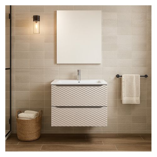 Ensemble De Salle De Bain Yoka Beige : Meuble Sous Vasque 90 Cm + Vasque Encastrée