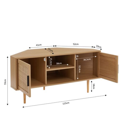 Zircon - Meuble TV D'angle Effet Chêne Et Cannage Rotin 2 Portes