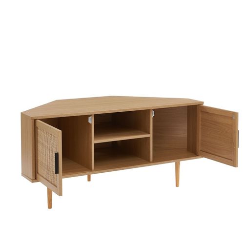 Zircon - Meuble TV D'angle Effet Chêne Et Cannage Rotin 2 Portes