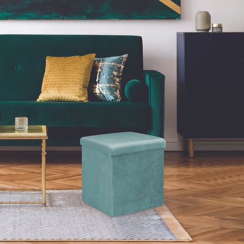 Pouf Coffre Pliable En Velours Design Giulia - L. 38 X H. 38 Cm - Bleu