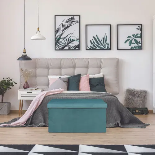 Coffre Banc Pliable Design Velours Giulia - L. 76 X H. 38 Cm - Bleu Canard