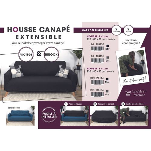 Housse Extensible Pour Canapé 2 Places - Noir - 170 X 80 Cm