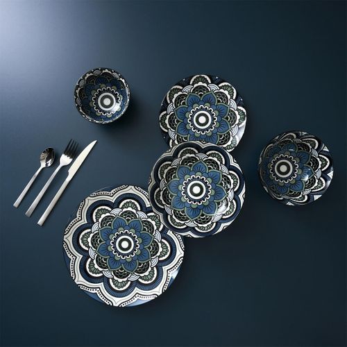 Lot De 6 Assiettes Plates "mandala" 26cm Bleu